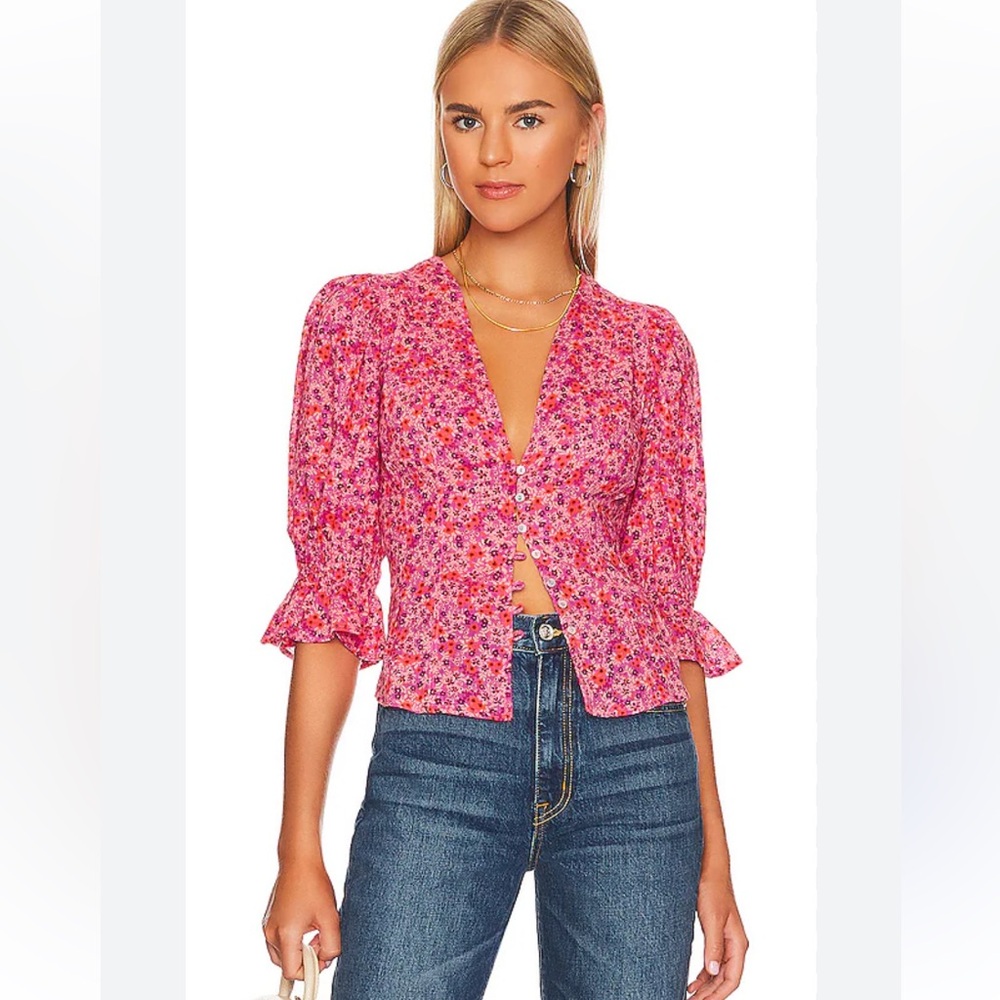 Free People Found You Printed Blouse Floral Button down, Large, 100% cotton